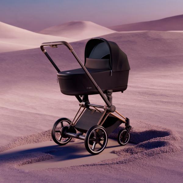Cybex E-Priam 2 Stroller - Rose Gold/Brown Frame and Sepia Black Seat Pack - Smart Electric Terrain Support
