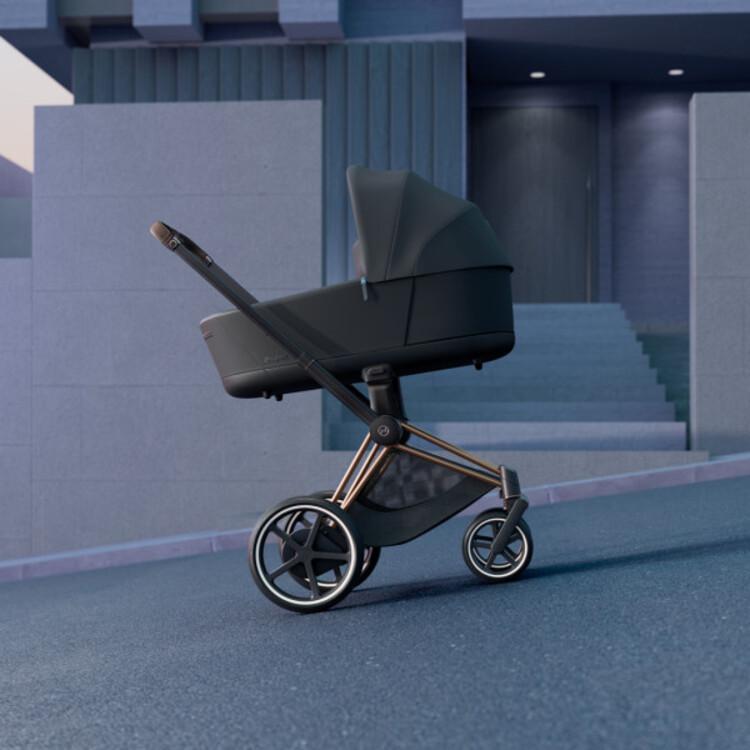 Cybex E-Priam 2 Stroller - Rose Gold/Brown Frame and Sepia Black Seat Pack - One Pull Harness System